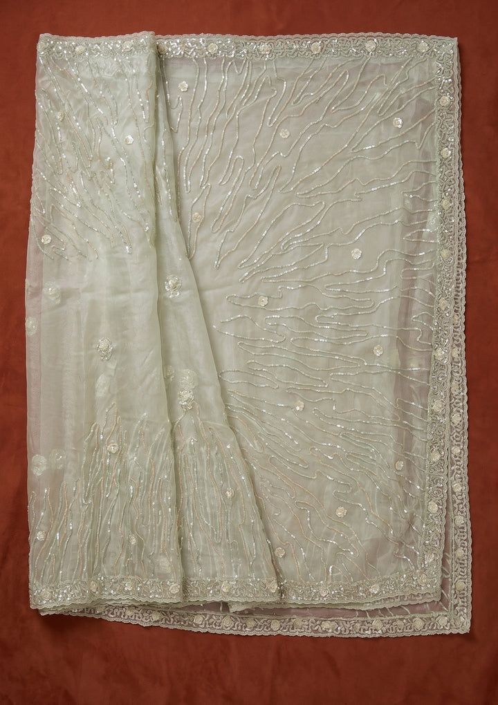 Pista Green Sequins Organza Saree