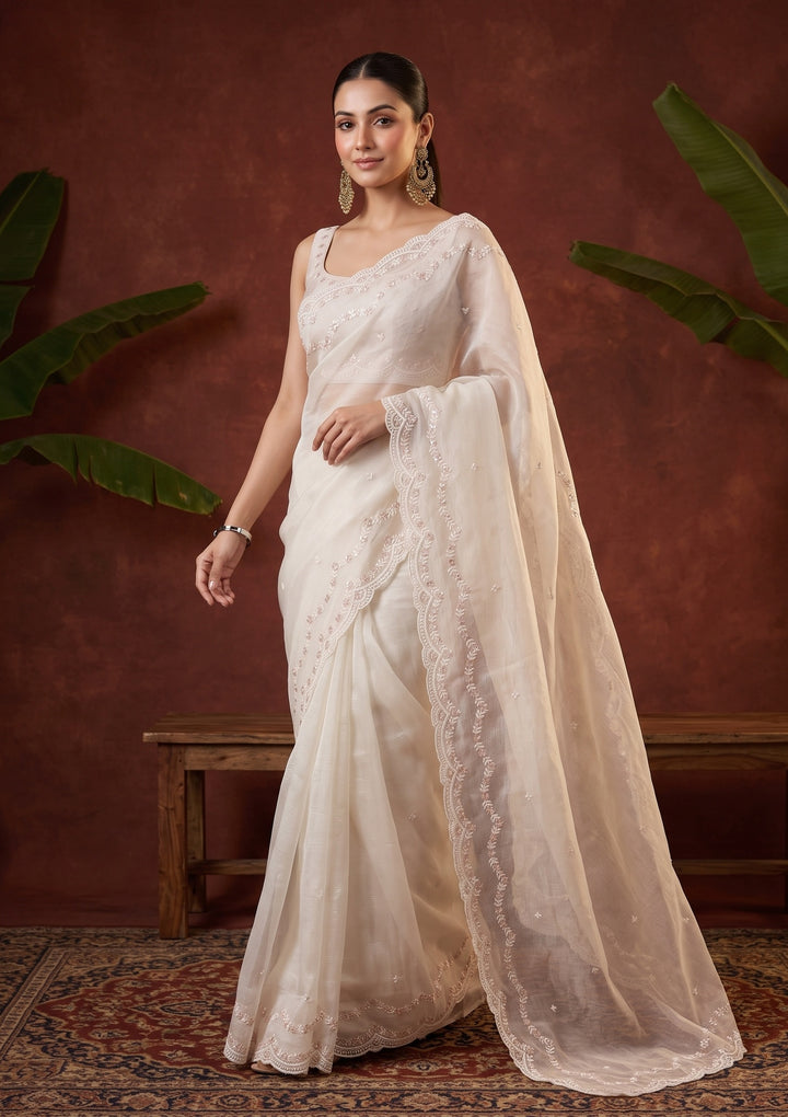 Off White Sequins Tissue Saree