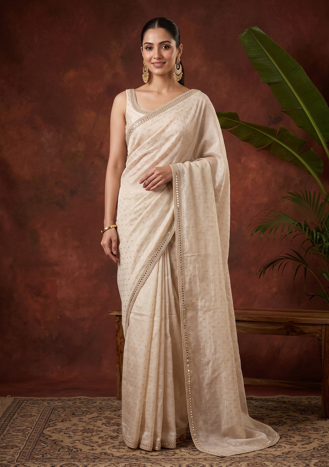 Beige Sequins Chanderi Saree
