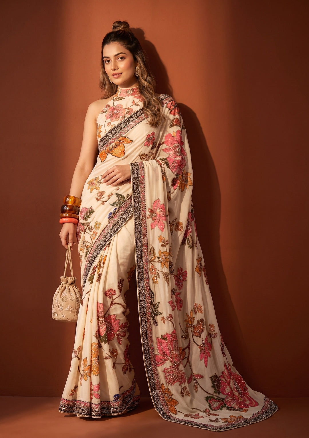 Beige Mirrorwork Chinon Saree