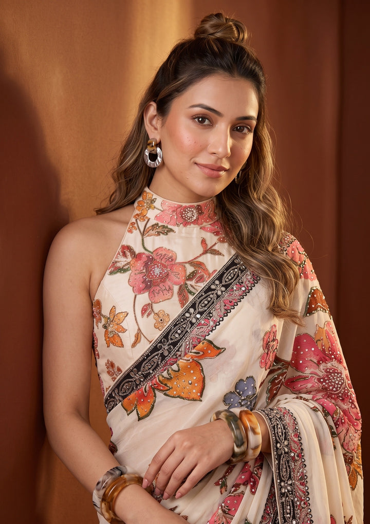Beige Mirrorwork Chinon Saree