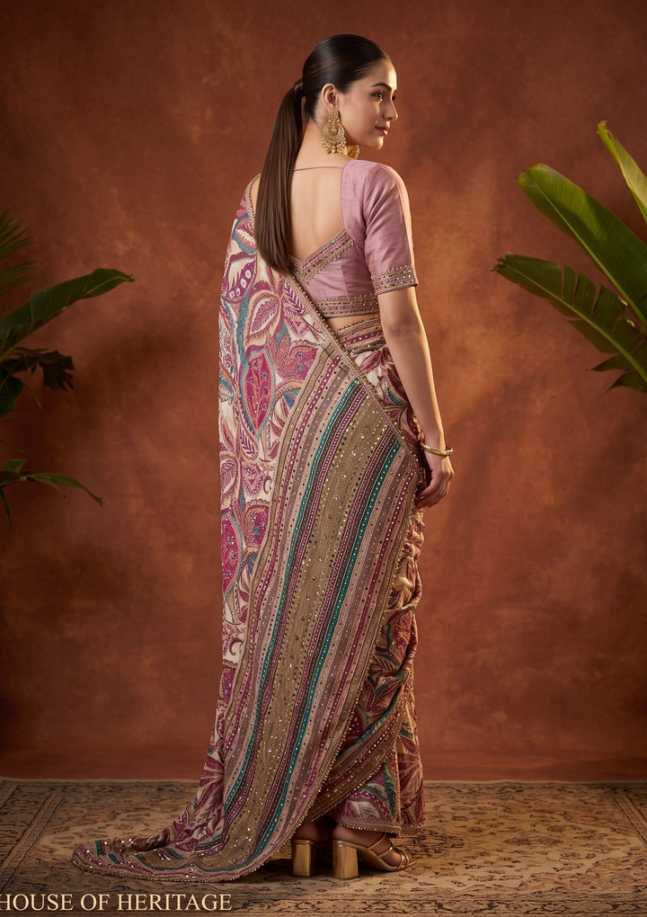 Beige Swarovski Chinon Saree