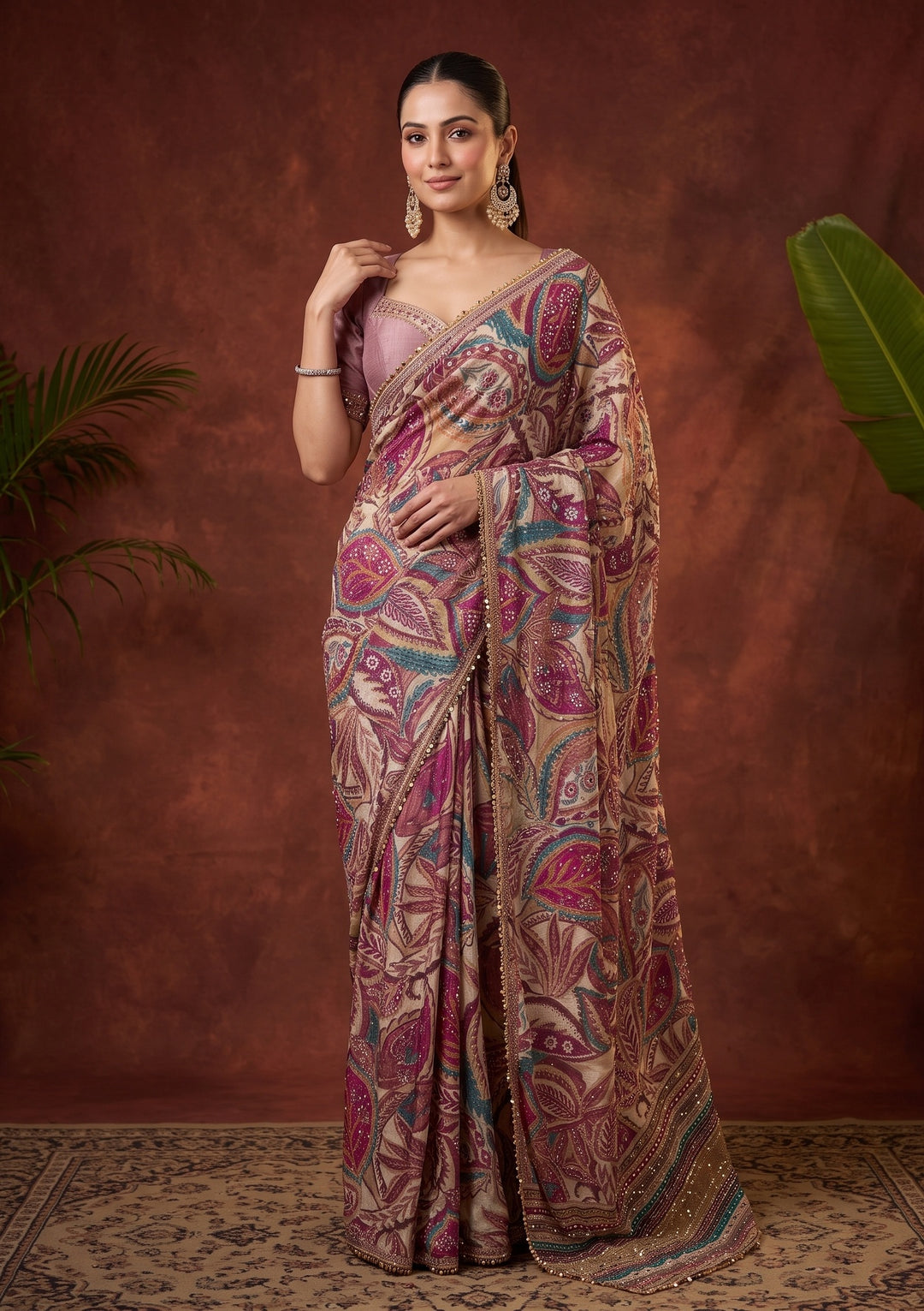 Beige Swarovski Chinon Saree