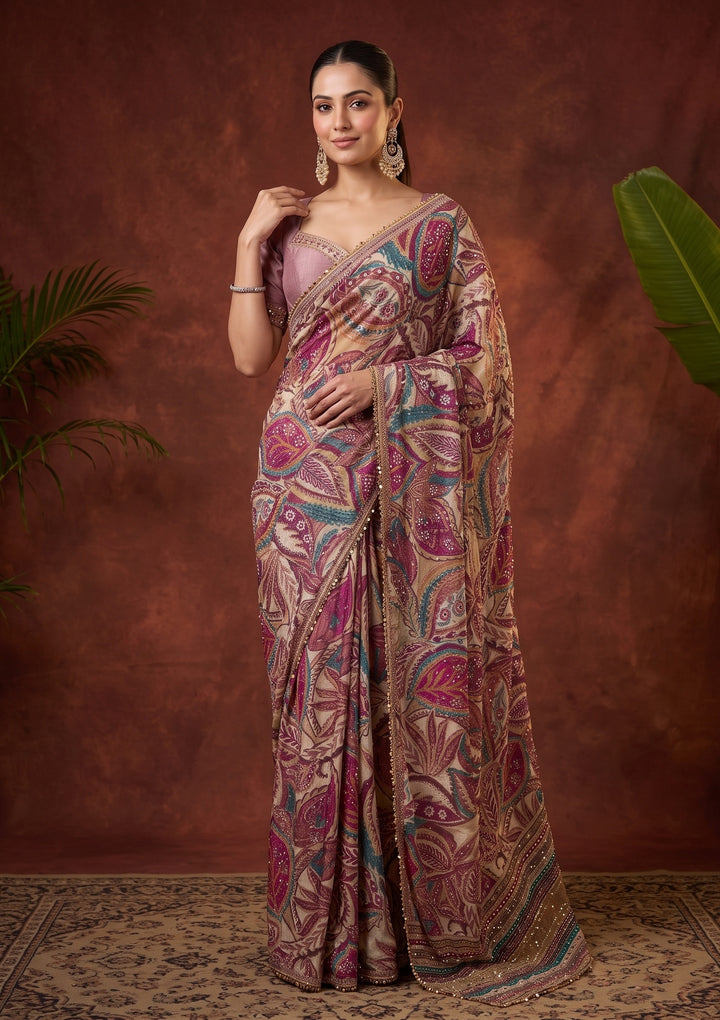 Beige Swarovski Chinon Saree