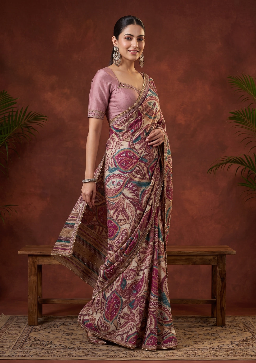 Beige Swarovski Chinon Saree