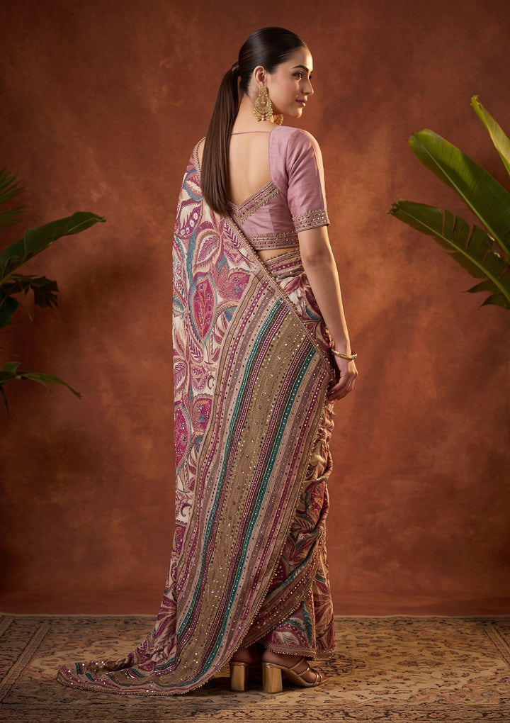 Beige Swarovski Chinon Saree