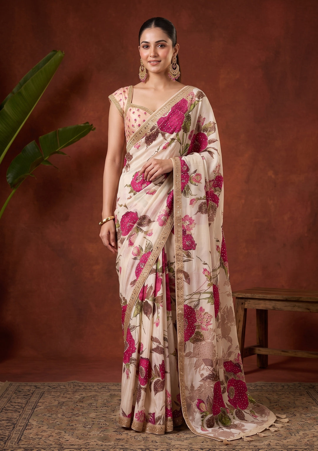 Beige Mirrorwork Chinon Saree
