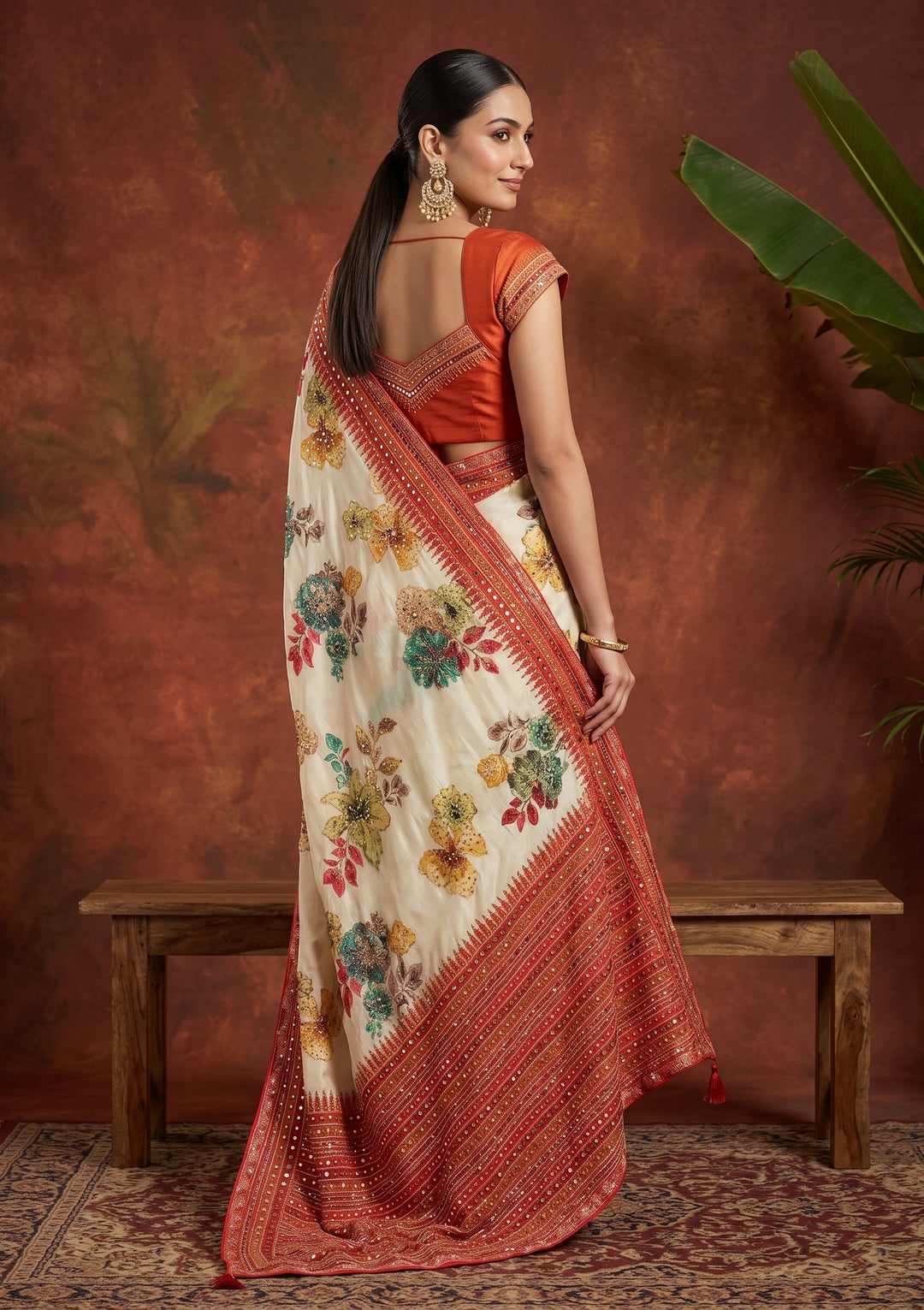 Beige Mirrorwork Chinon Saree