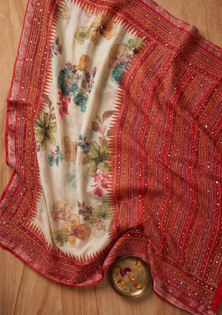 Beige Mirrorwork Chinon Saree