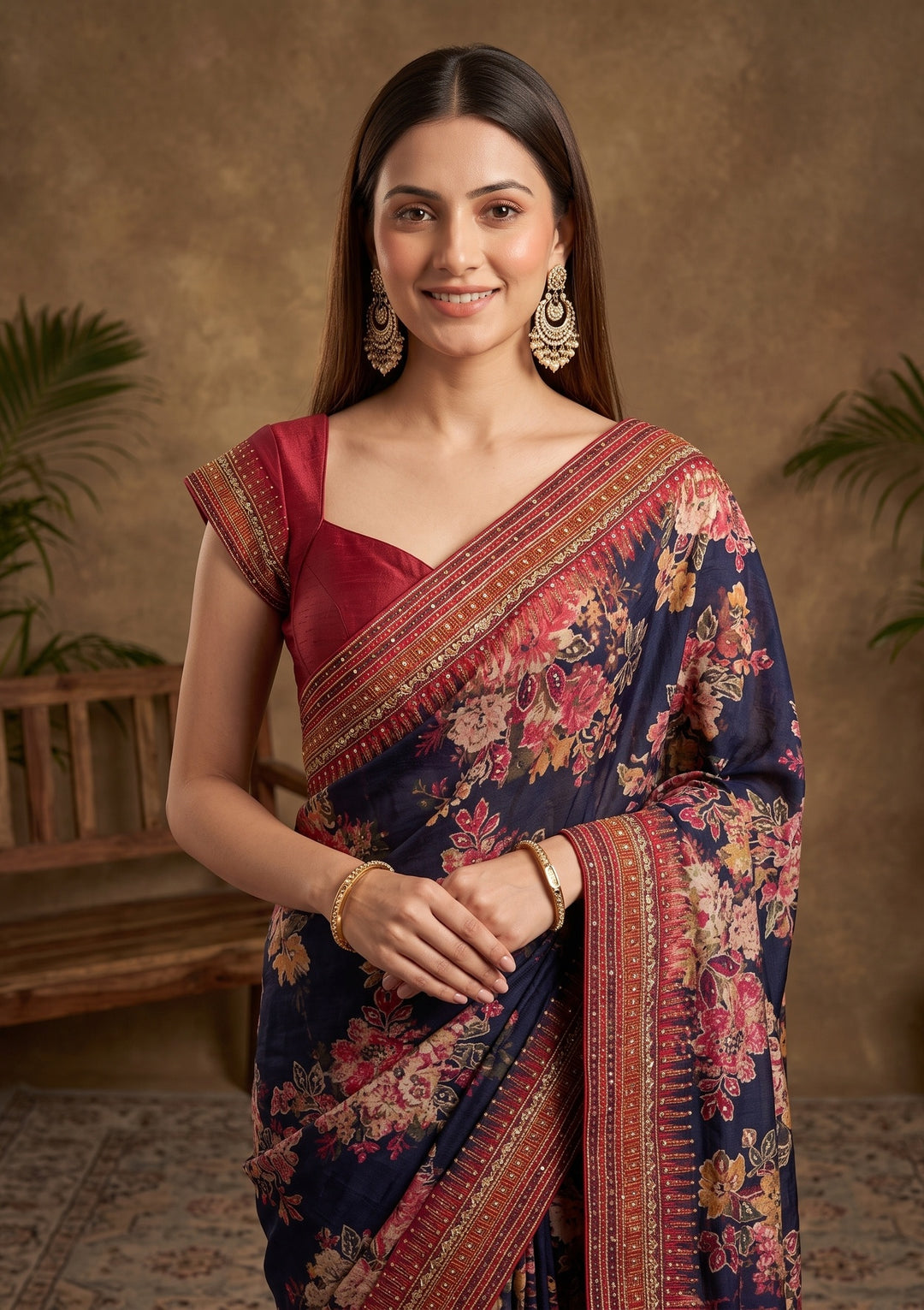 Navy Blue Mirrorwork Chinon Saree
