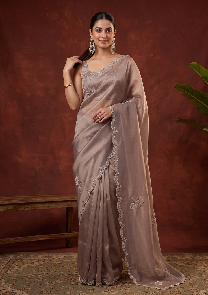 Brown Stonework (Gold) Tissue Saree