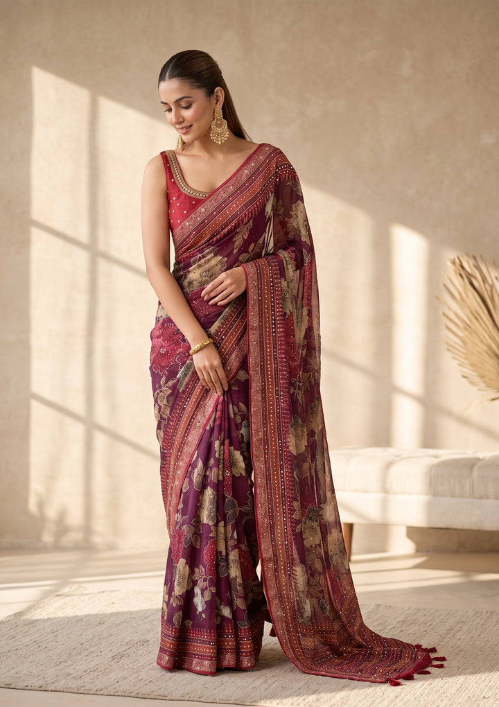 Wine Mirrorwork Chinon Saree