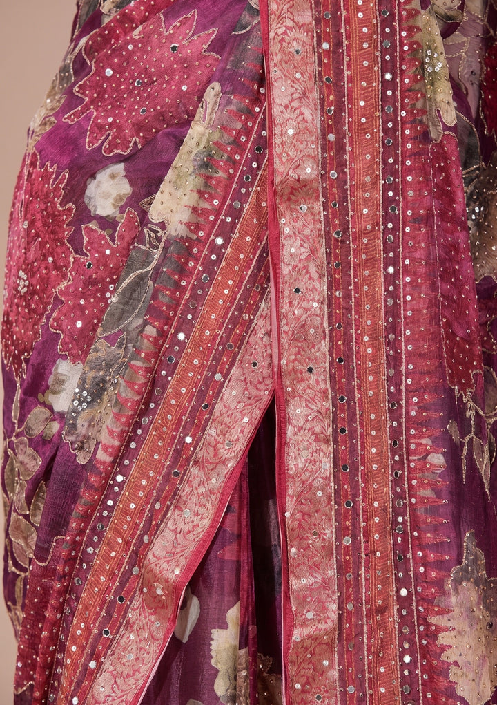 Wine Mirrorwork Chinon Saree