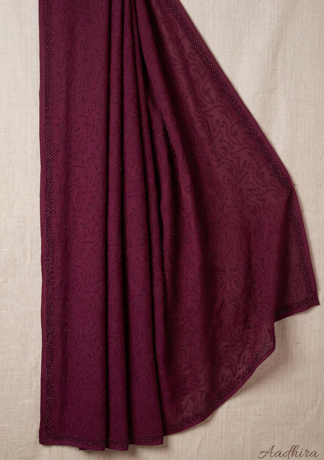 Wine Swarovski Satin Saree