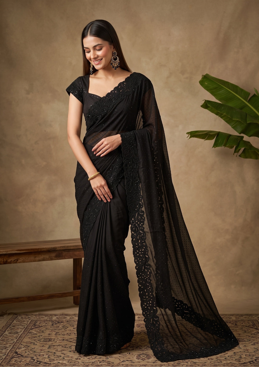 Black Swarovski Satin Saree