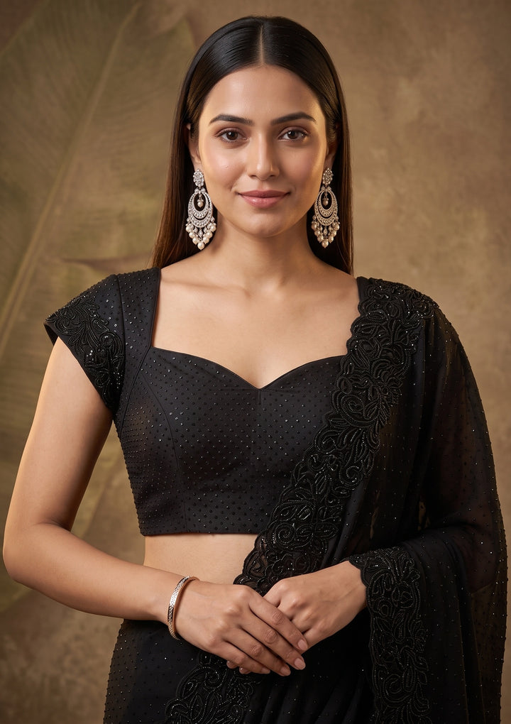 Black Swarovski Satin Saree