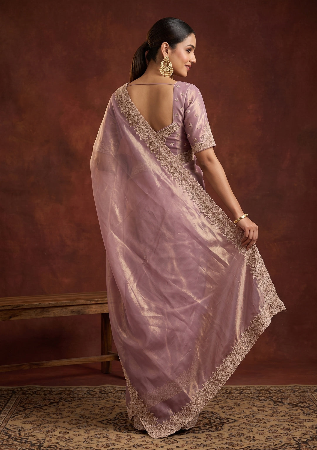 Onion Pink Stonework (Gold) Tissue Saree