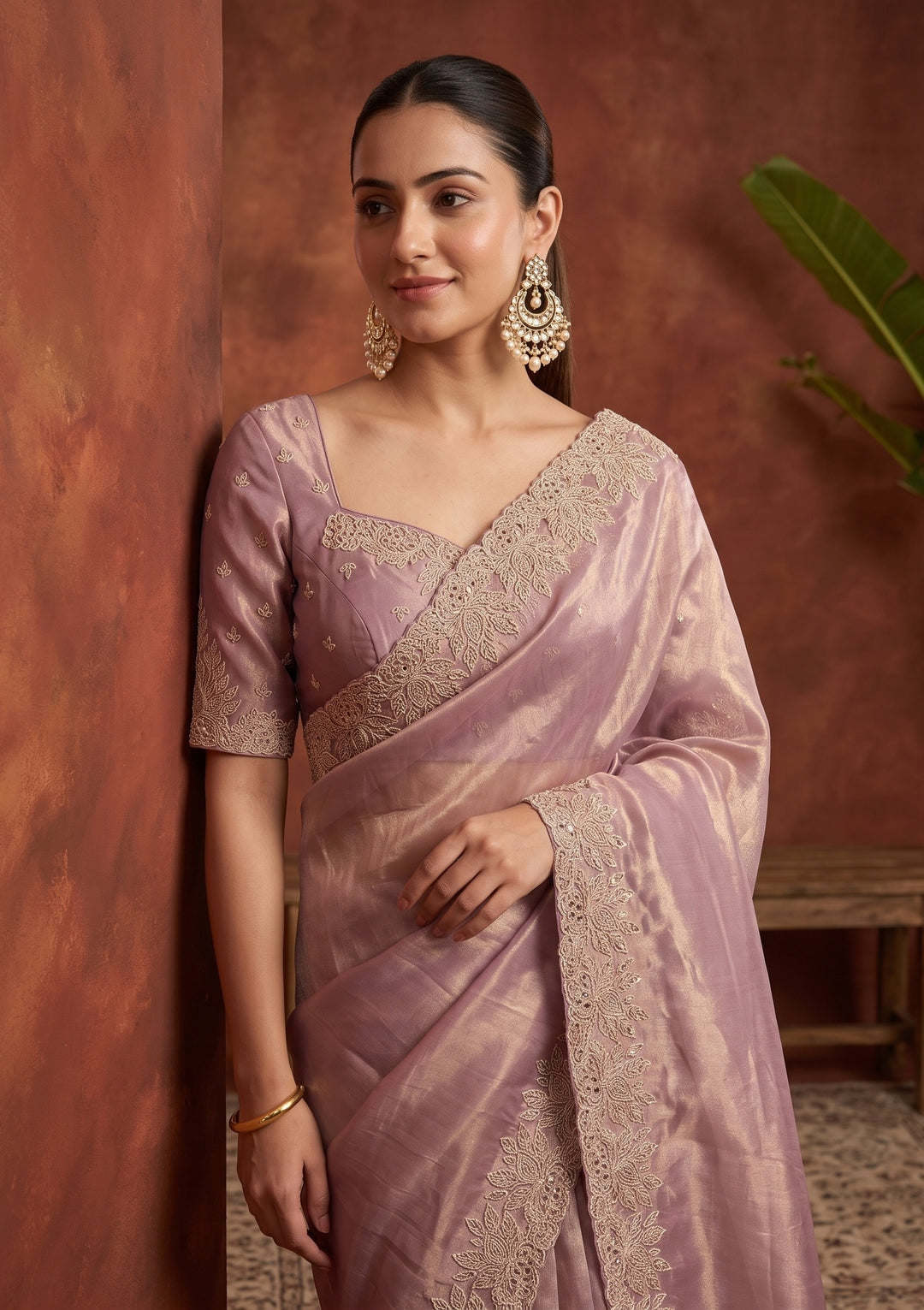 Onion Pink Stonework (Gold) Tissue Saree