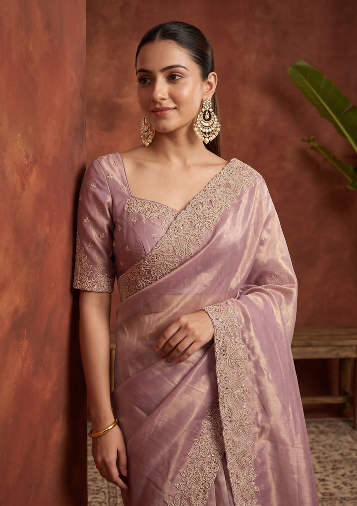 Onion Pink Stonework (Gold) Tissue Saree