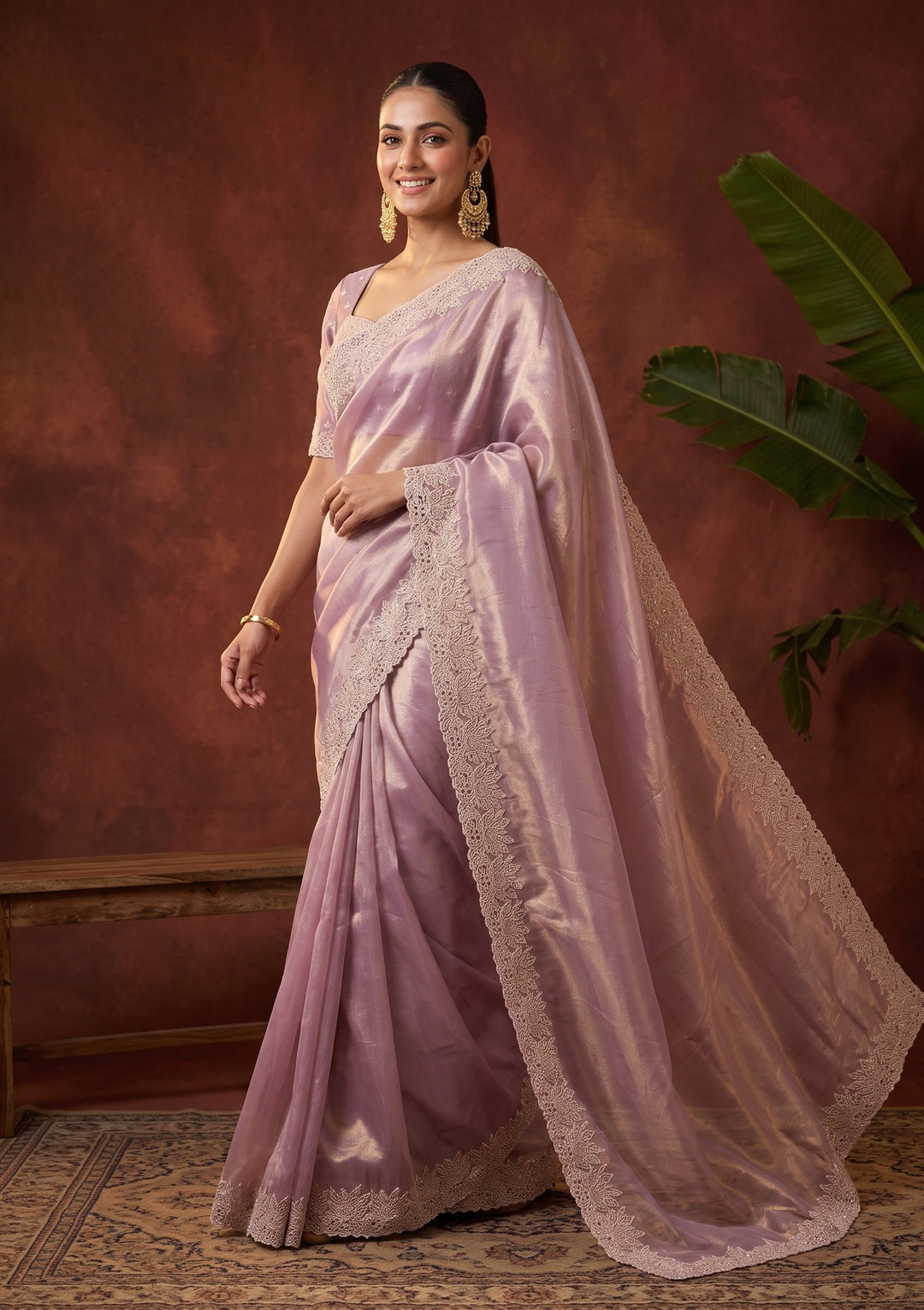 Onion Pink Stonework (Gold) Tissue Saree