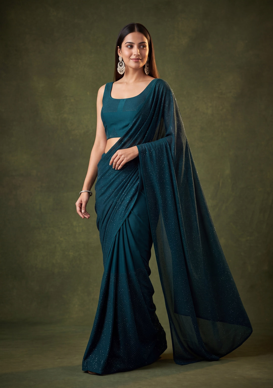 Peacock Blue Satin Swarovski Saree With Matching Blouse Piece