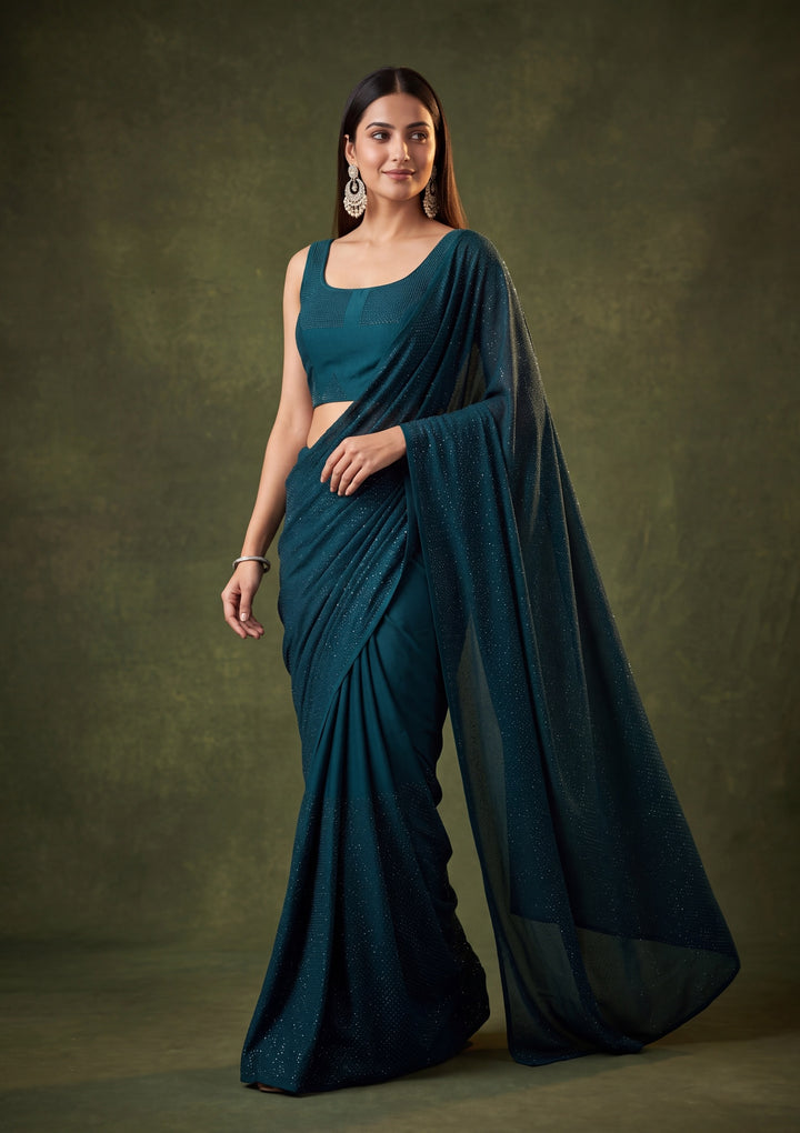 Peacock Blue Satin Swarovski Saree With Matching Blouse Piece