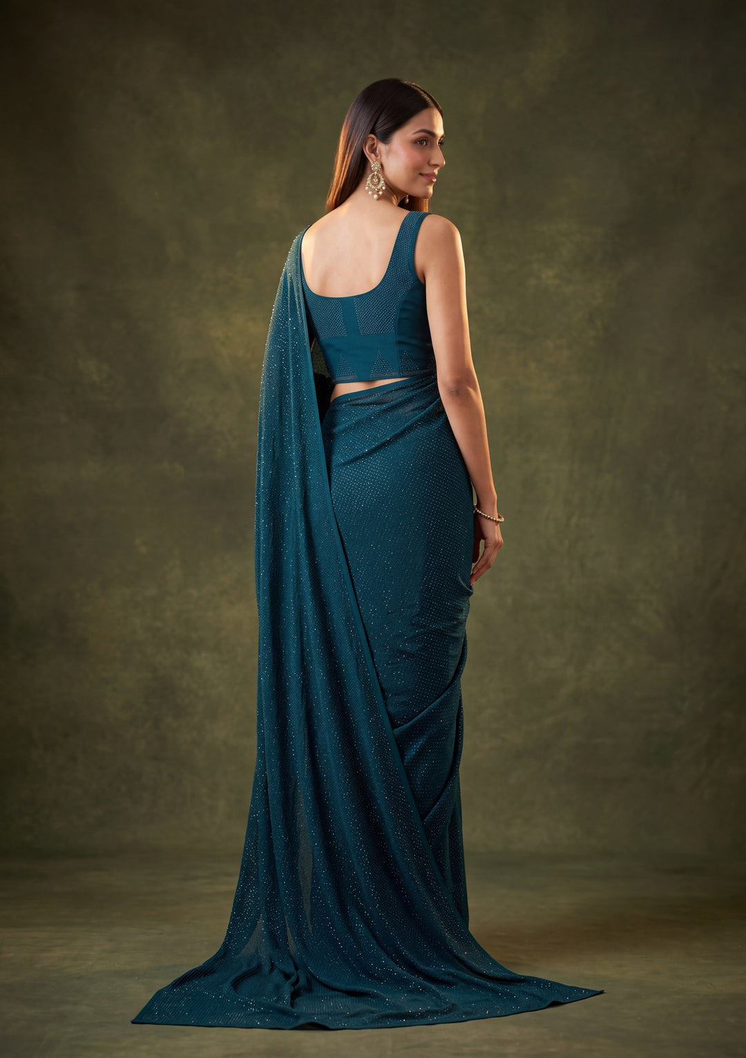 Peacock Blue Satin Swarovski Saree With Matching Blouse Piece