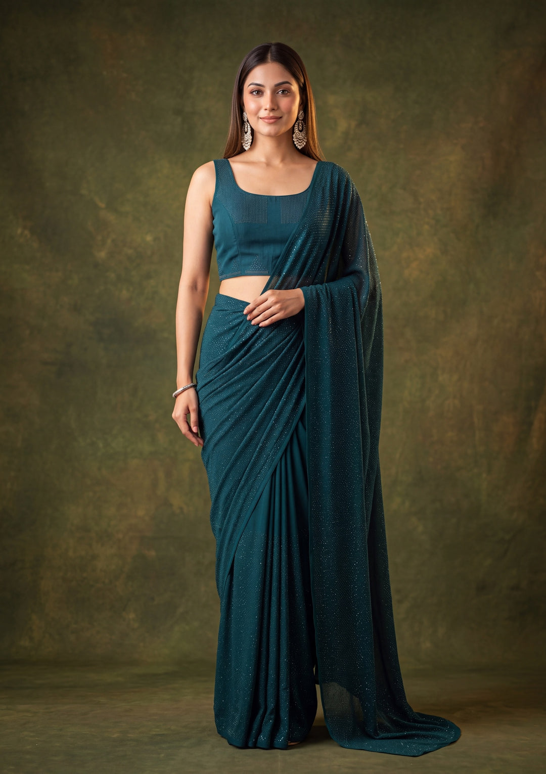 Peacock Blue Satin Swarovski Saree With Matching Blouse Piece