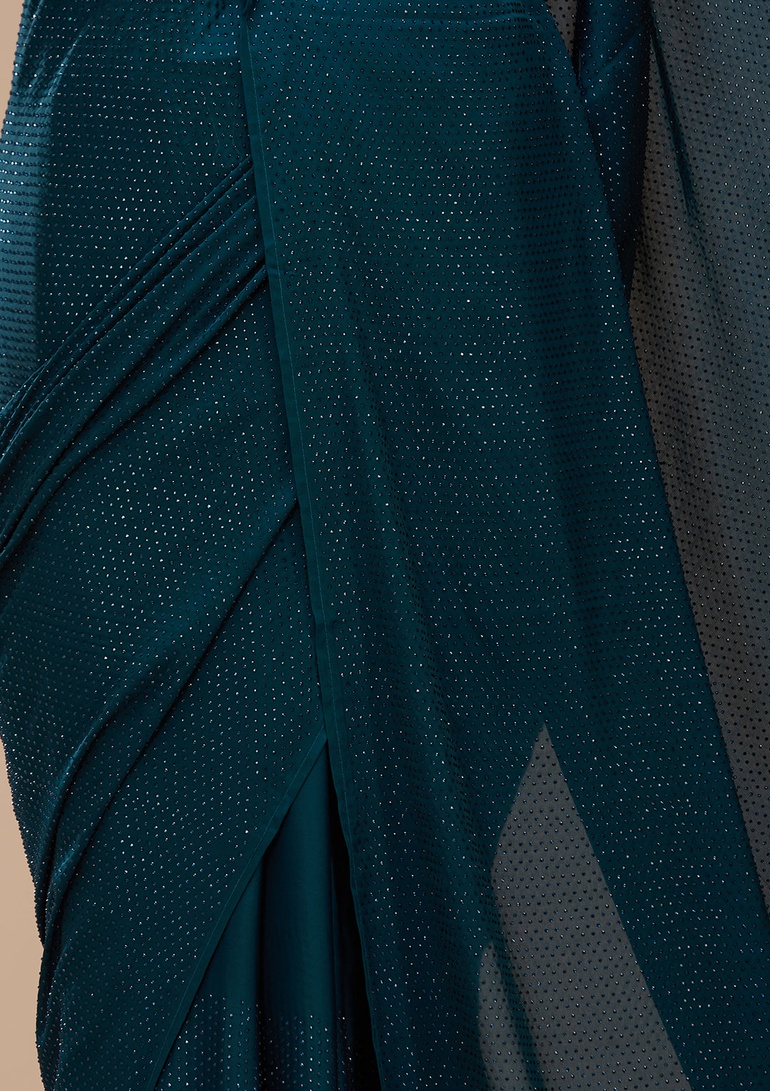 Peacock Blue Satin Swarovski Saree With Matching Blouse Piece