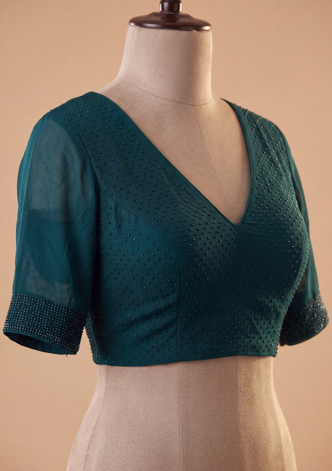 Peacock Blue Satin Swarovski Saree With Matching Blouse Piece
