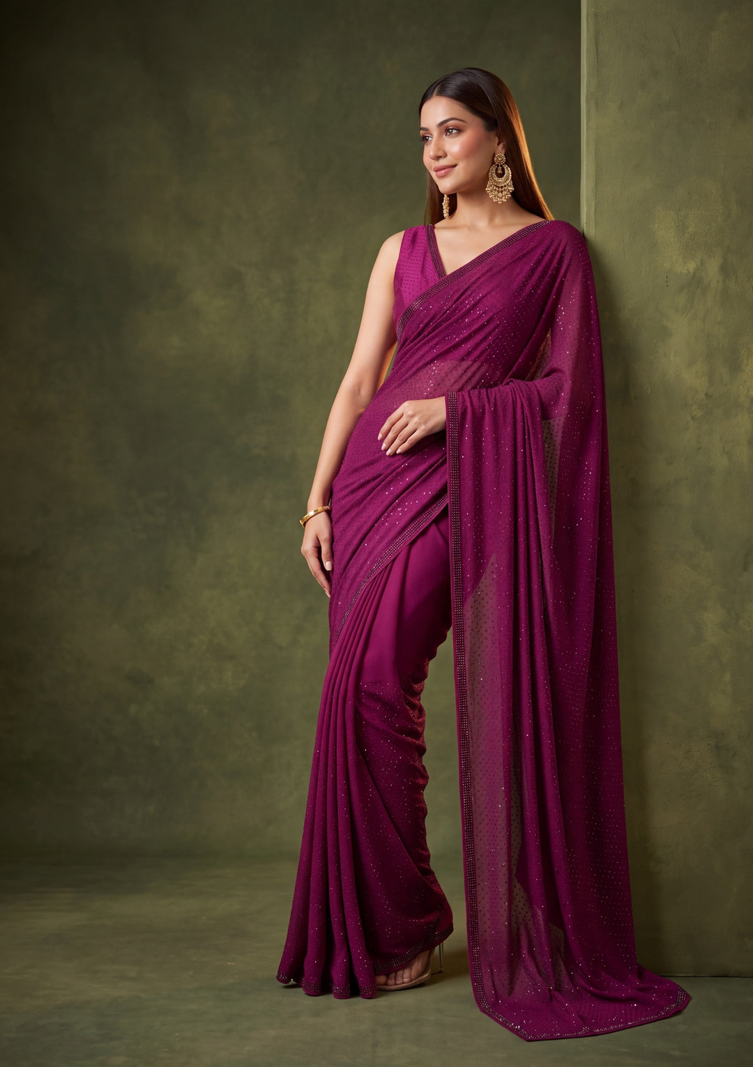 Wine Satin Swarovski Saree With Matching Blouse Piece