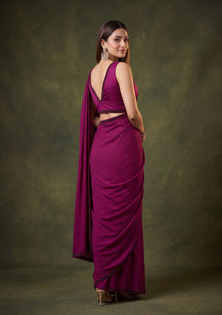 Wine Satin Swarovski Saree With Matching Blouse Piece