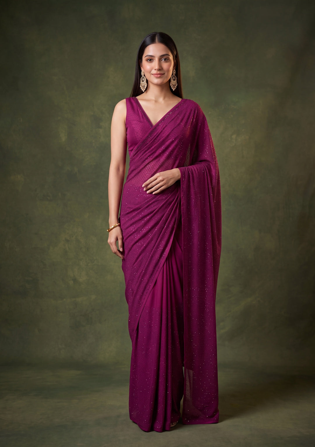 Wine Satin Swarovski Saree With Matching Blouse Piece