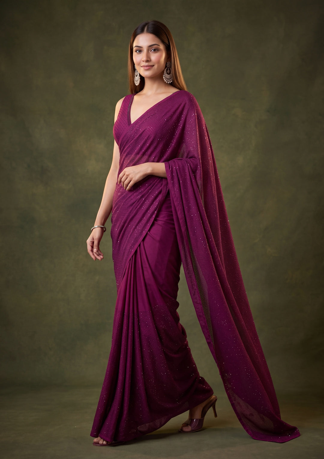 Wine Satin Swarovski Saree With Matching Blouse Piece