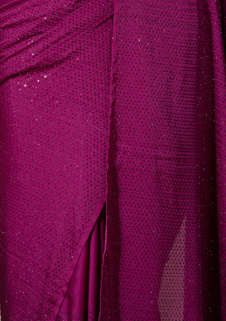 Wine Satin Swarovski Saree With Matching Blouse Piece