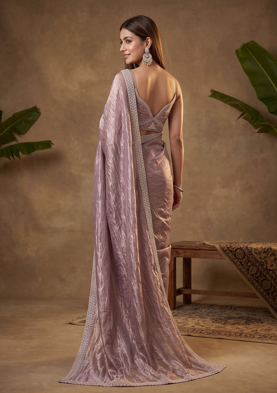 Light Brown Stonework (Gold) Tissue Saree