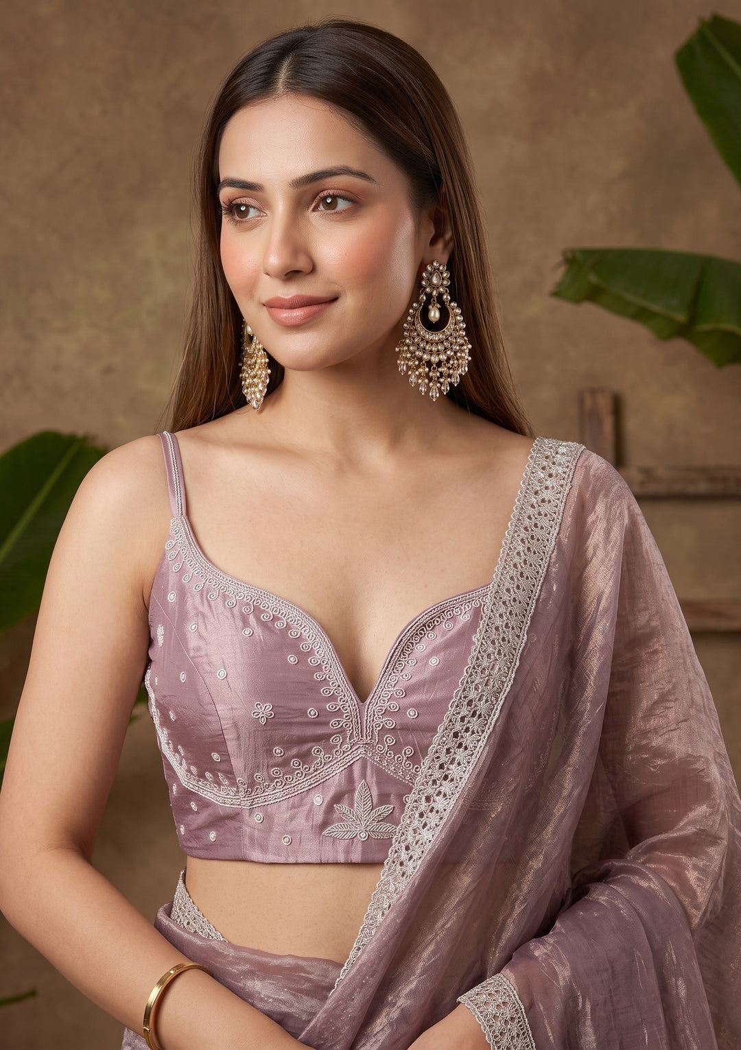 Light Brown Stonework (Gold) Tissue Saree