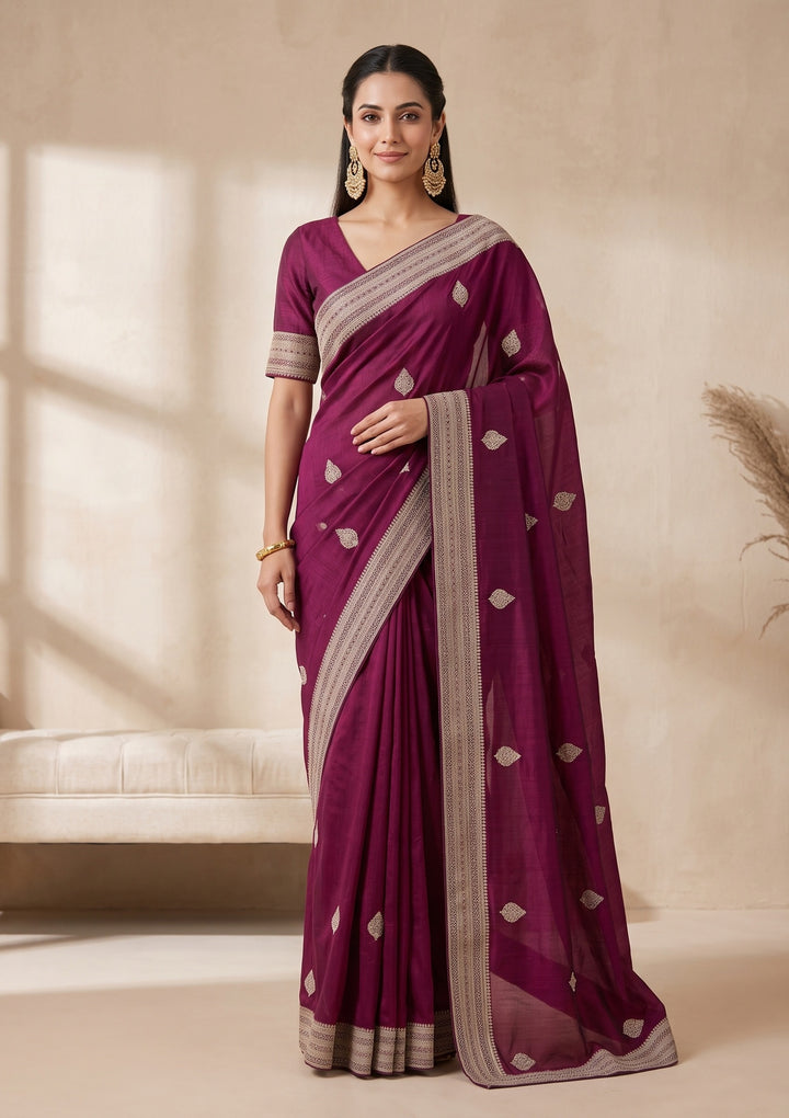 Wine Zariwork (Gold) Soft Raw Silk Saree