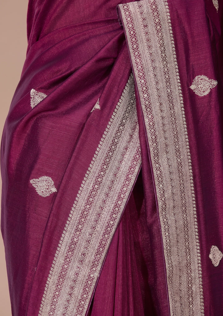 Wine Zariwork (Gold) Soft Raw Silk Saree