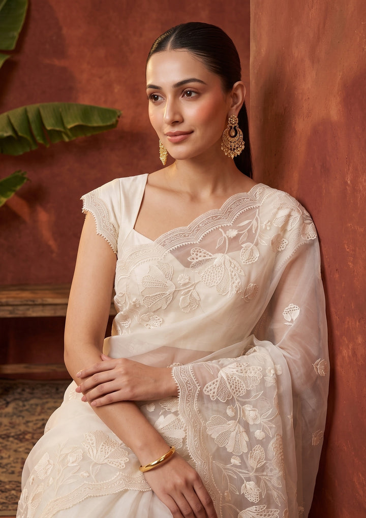Off White Threadwork Organza Saree