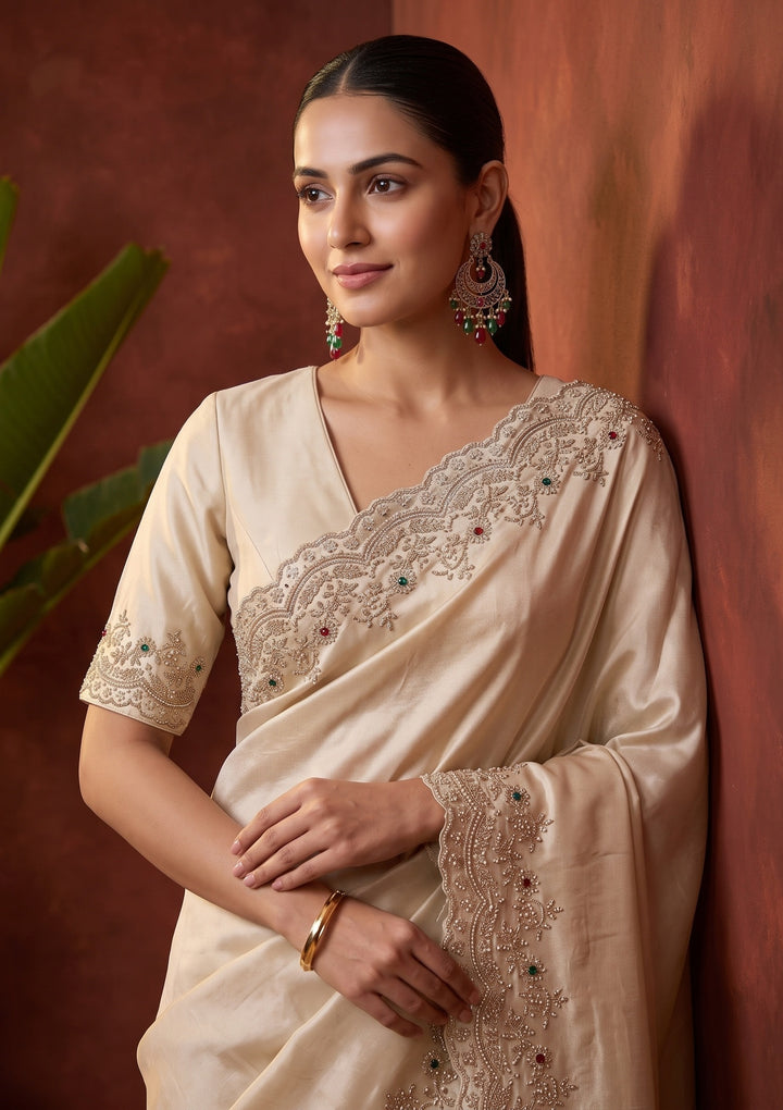Beige Stonework (Gold) Crepe Saree