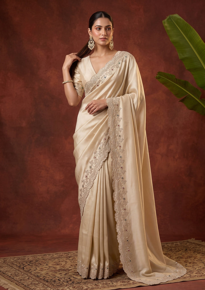 Beige Stonework (Gold) Crepe Saree