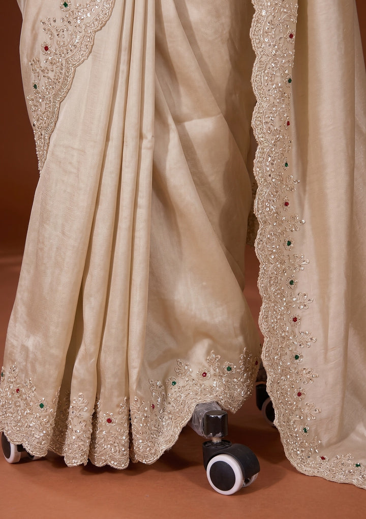 Beige Stonework (Gold) Crepe Saree