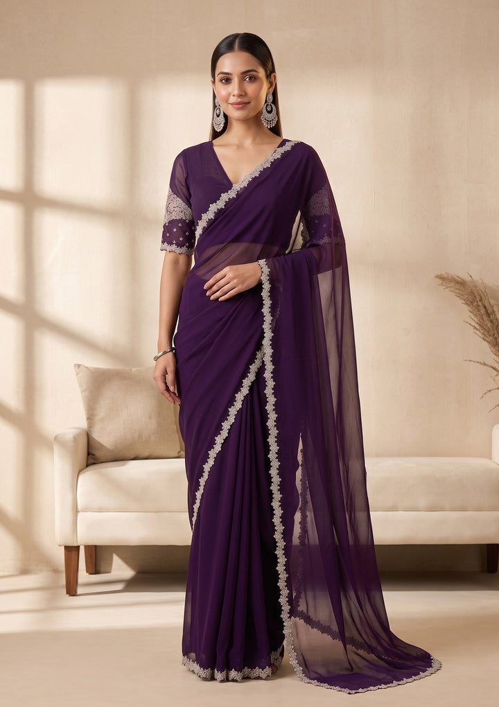 Purple Stonework (Gold) Georgette Saree