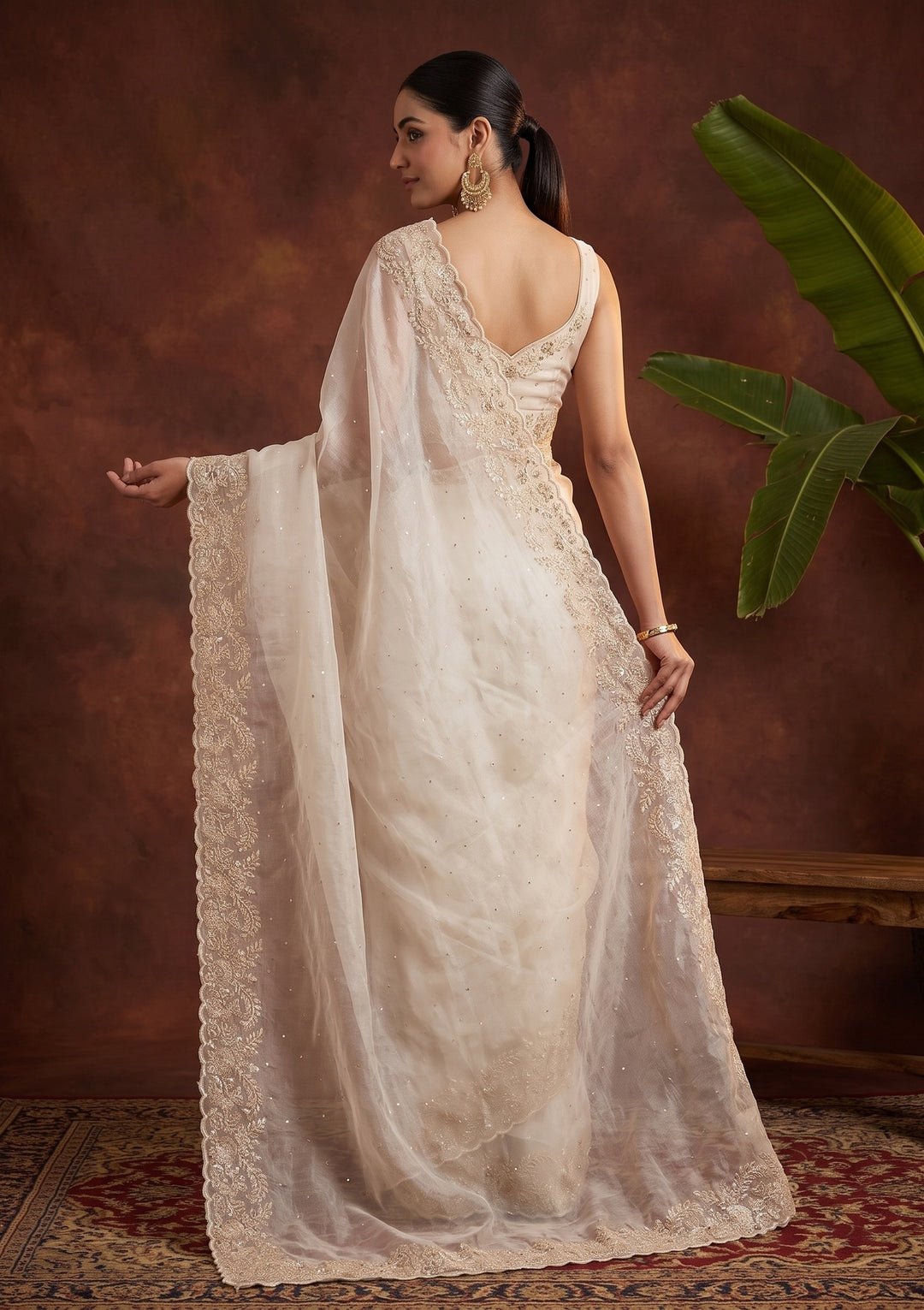 Off White Sequins Organza Saree