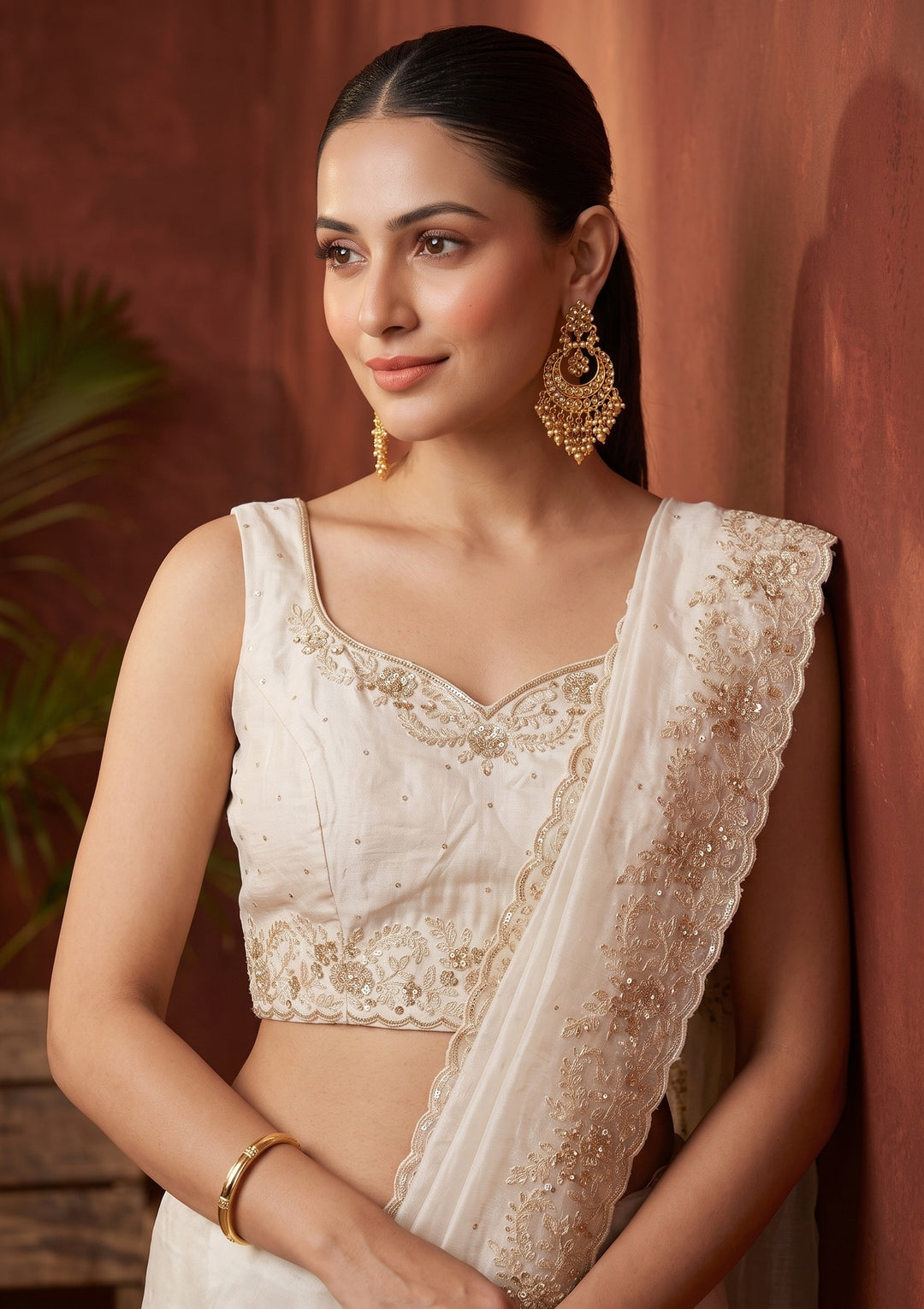 Off White Sequins Organza Saree
