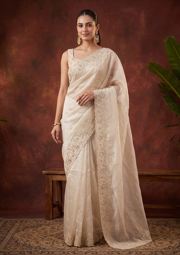 Off White Sequins Organza Saree