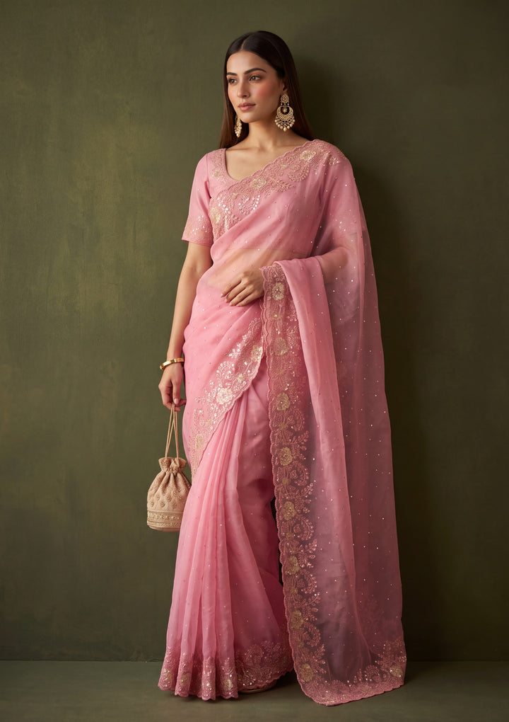 Onion Pink Tissue Threadwork Saree With Matching Blouse Piece