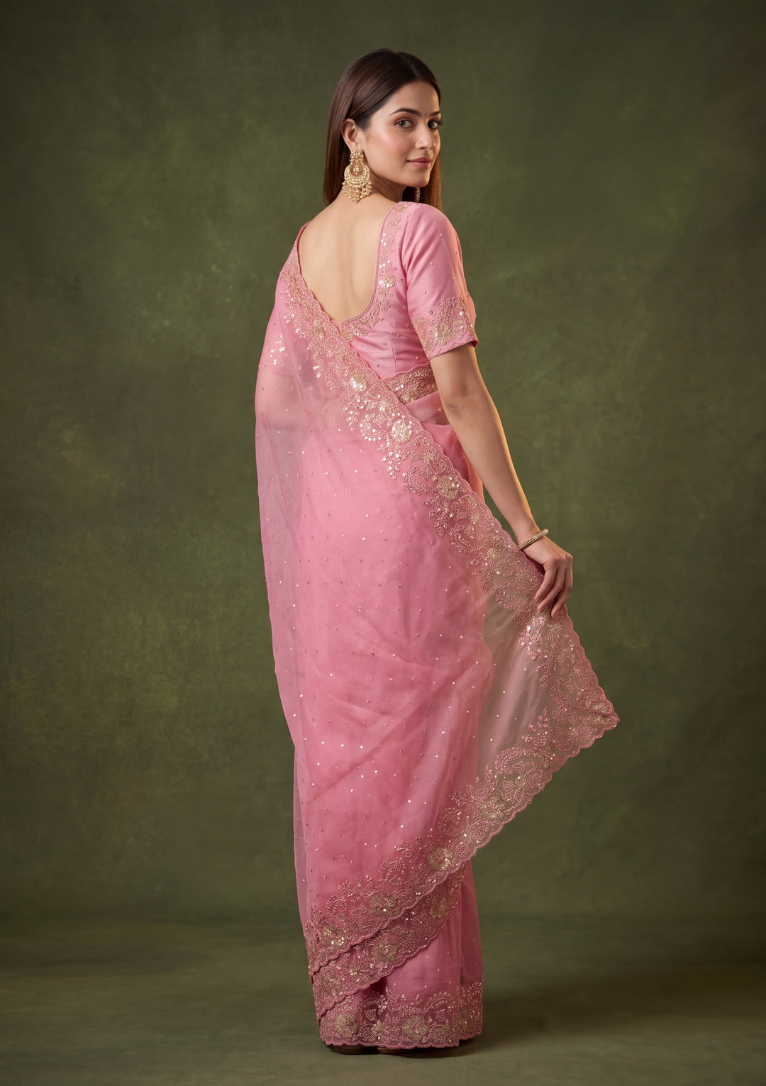 Onion Pink Tissue Threadwork Saree With Matching Blouse Piece