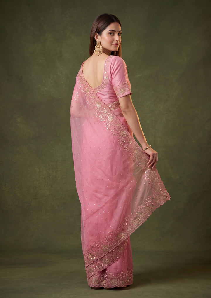 Onion Pink Tissue Threadwork Saree With Matching Blouse Piece